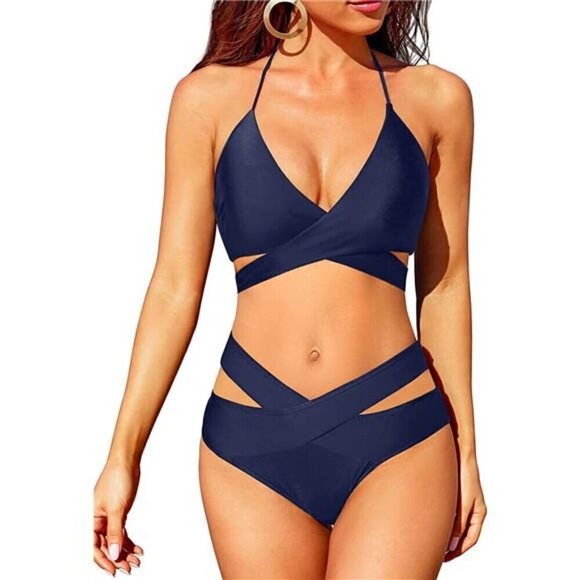 Bikini Two Piece Sets for Women High Waist Halter Wrap Criss Cross in Pink - Picture 1 of 6
